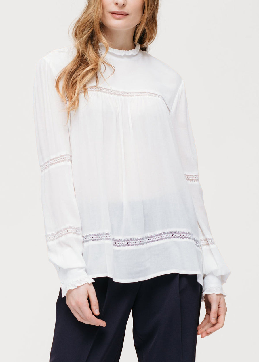 Long Sleeve Neck Lace Inset Top in White