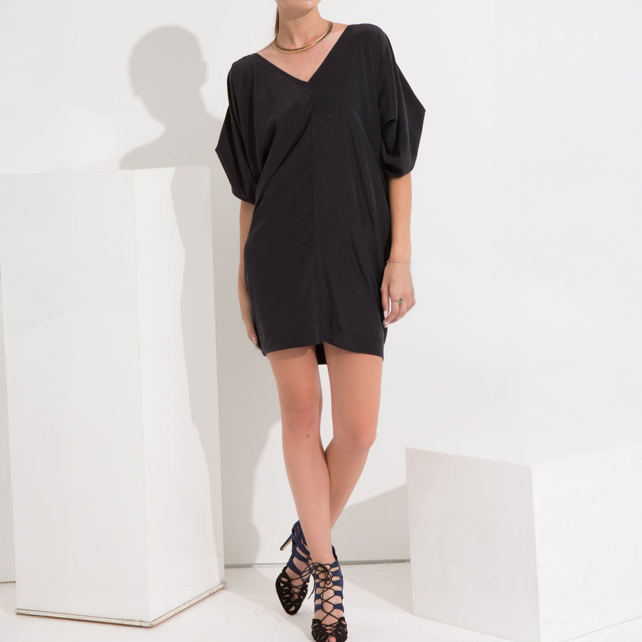 Women's 100% Silk Wide V Neck Dress - shopatkonus