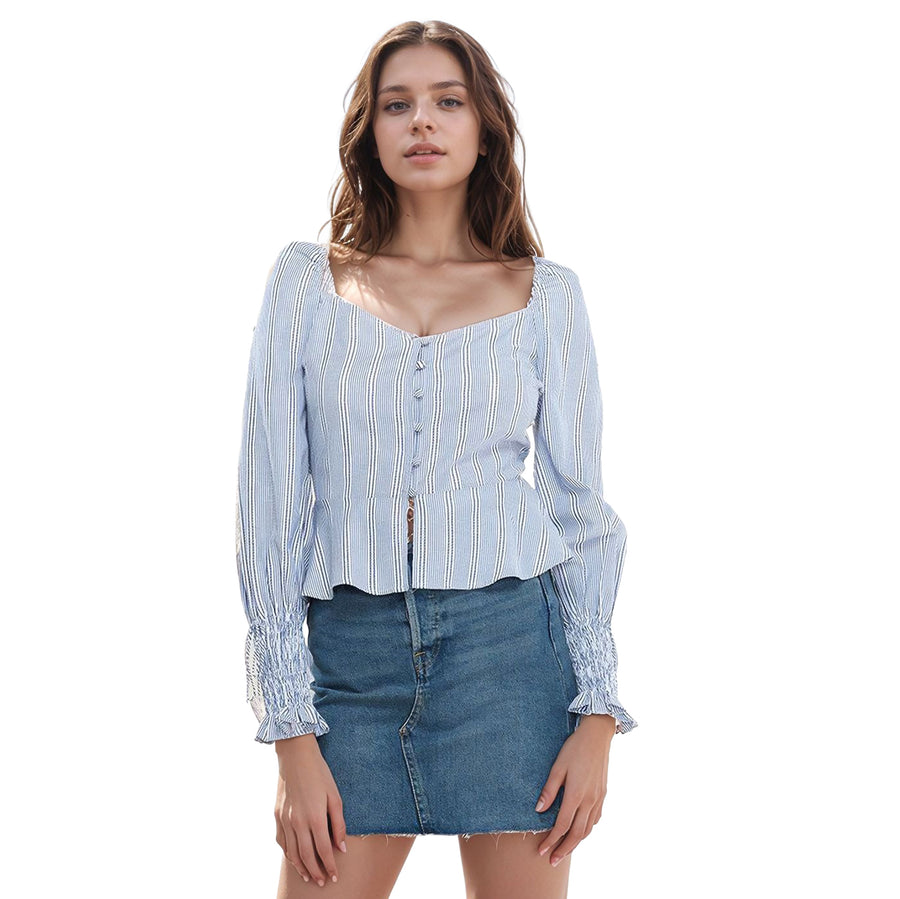 Women's Smocked Cuff Button Front Peplum Blouse in Blue