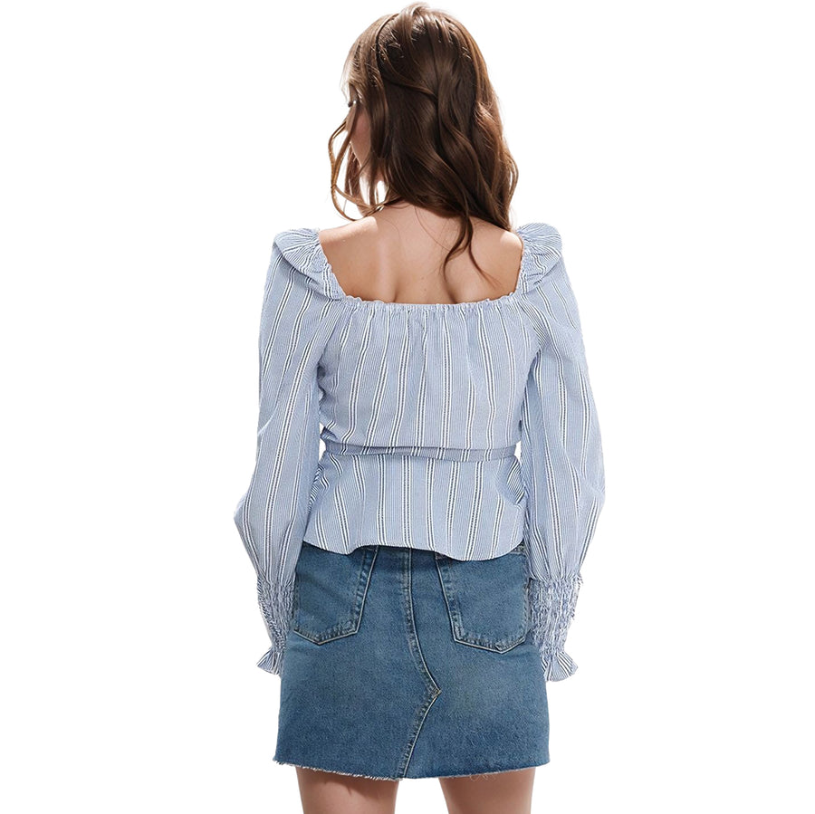 Women's Smocked Cuff Button Front Peplum Blouse in Blue