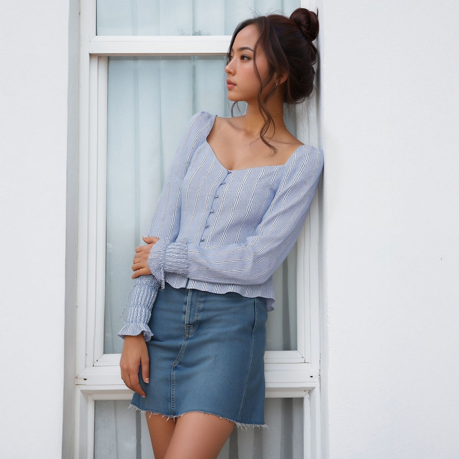 Women's Smocked Cuff Button Front Peplum Blouse in Blue