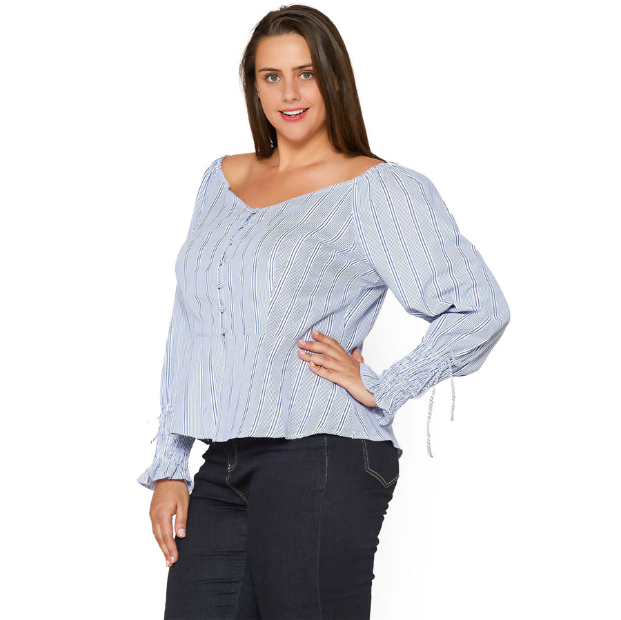 Women's Plus Size Smocked Sleeve Wrap Blouse in Blue