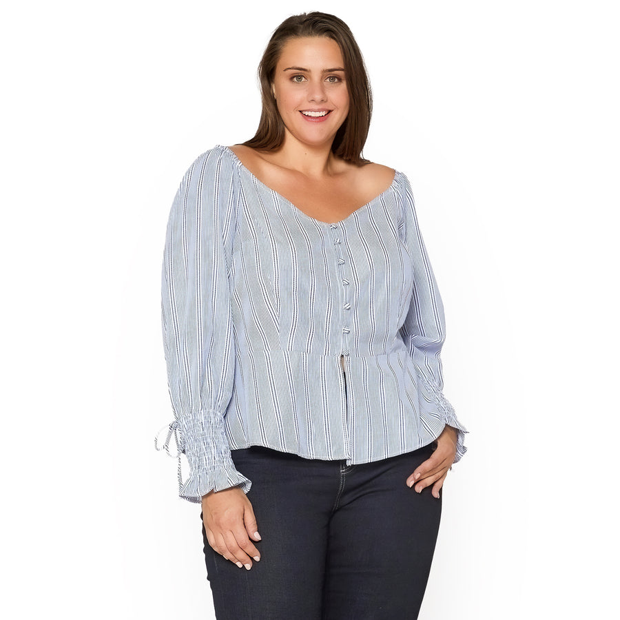 Women's Plus Size Smocked Sleeve Wrap Blouse in Blue