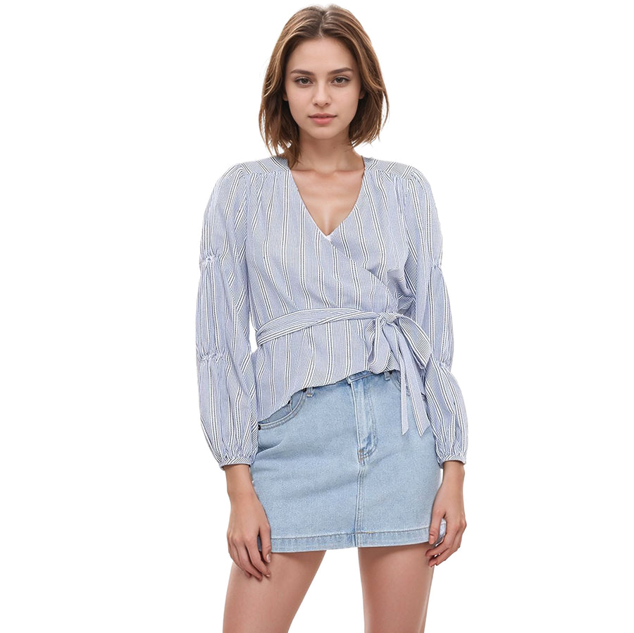 Women's Smocked Sleeve Stripe Wrap Blouse in Blue