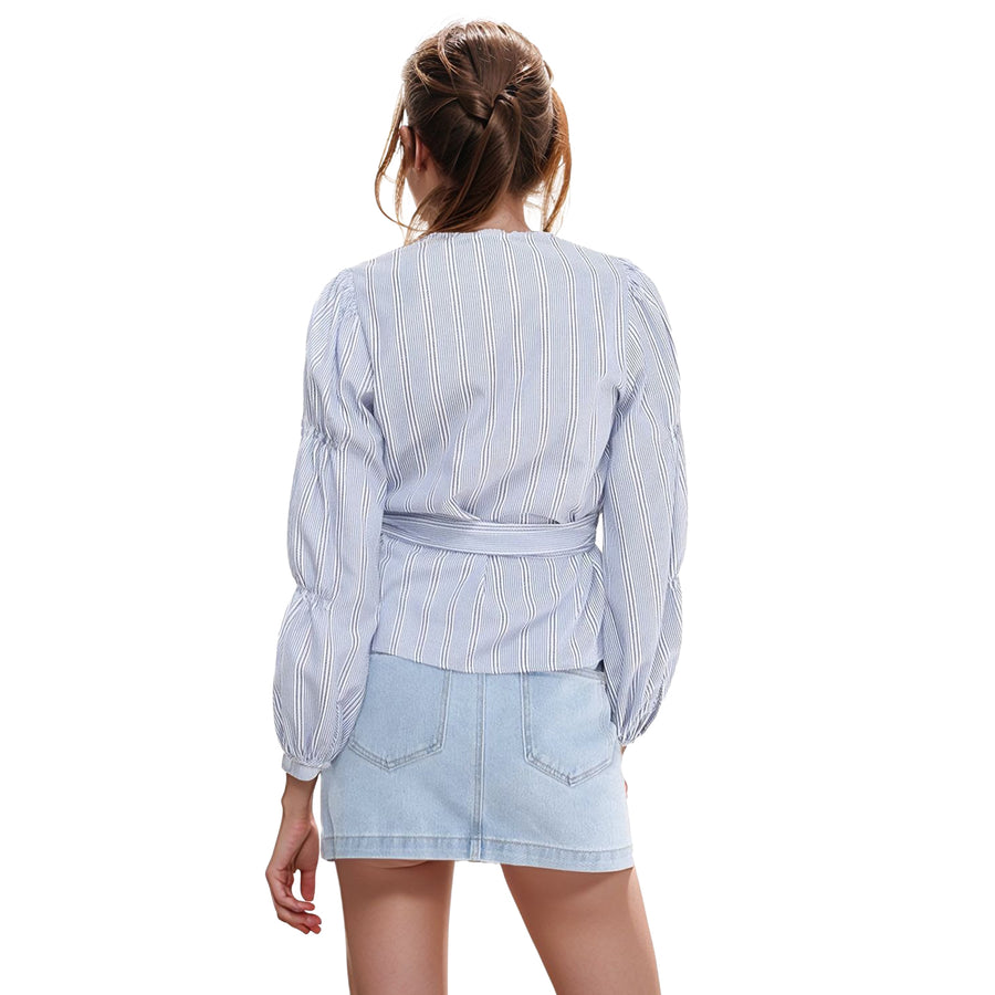 Women's Smocked Sleeve Stripe Wrap Blouse in Blue