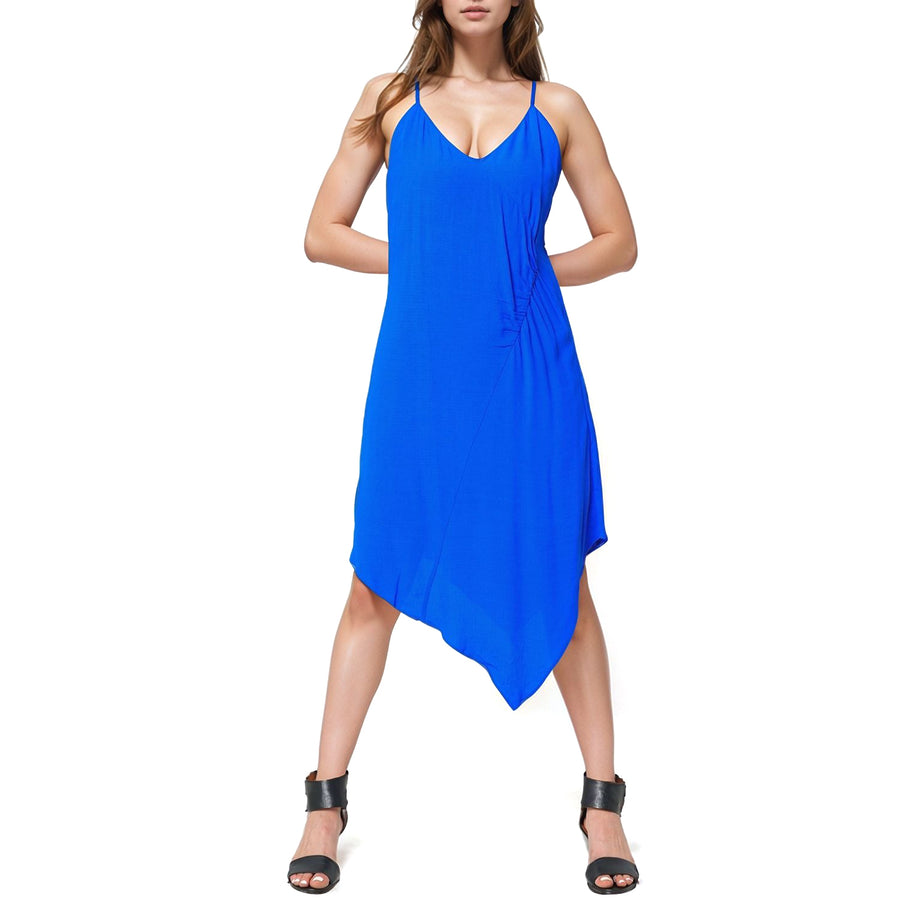 Women's Solid Asymmetrical Hem V-neck Dress in Blue