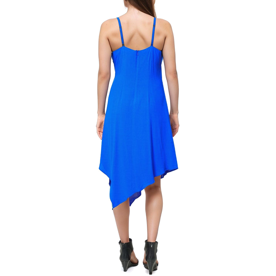 Women's Solid Asymmetrical Hem V-neck Dress in Blue