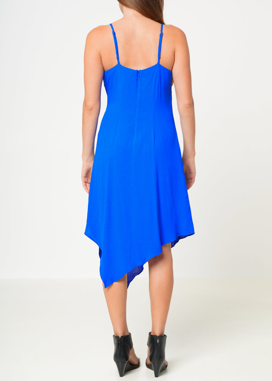 Solid Asymmetrical Hem V-neck Dress in Blue