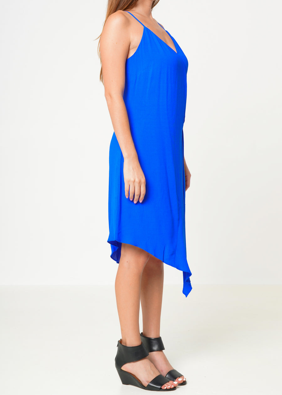 Solid Asymmetrical Hem V-neck Dress in Blue