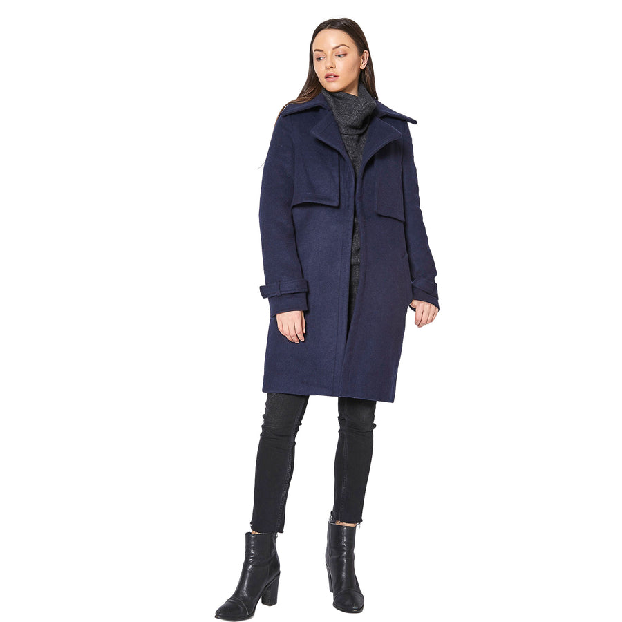 Women's Wool Blended Overlay Notch Collar Coat - shopatkonus