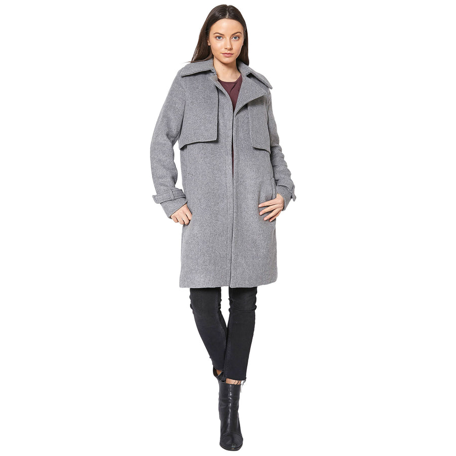 Women's Wool Blended Overlay Notch Collar Coat - shopatkonus