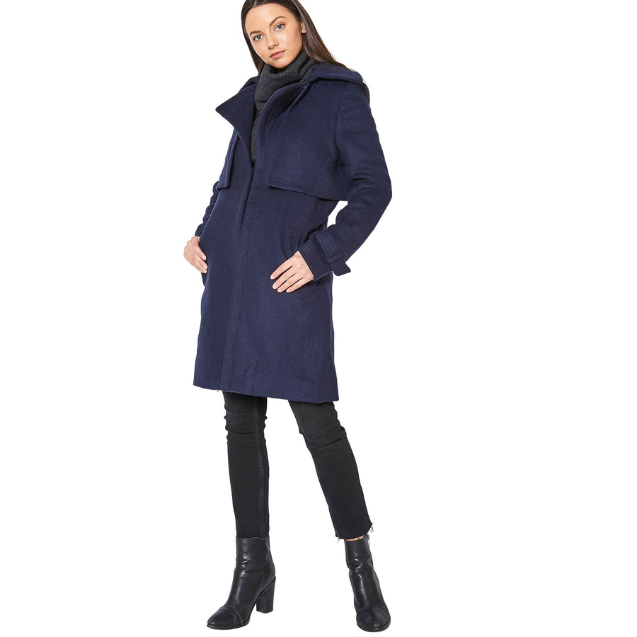 Women's Wool Blended Overlay Notch Collar Coat - shopatkonus