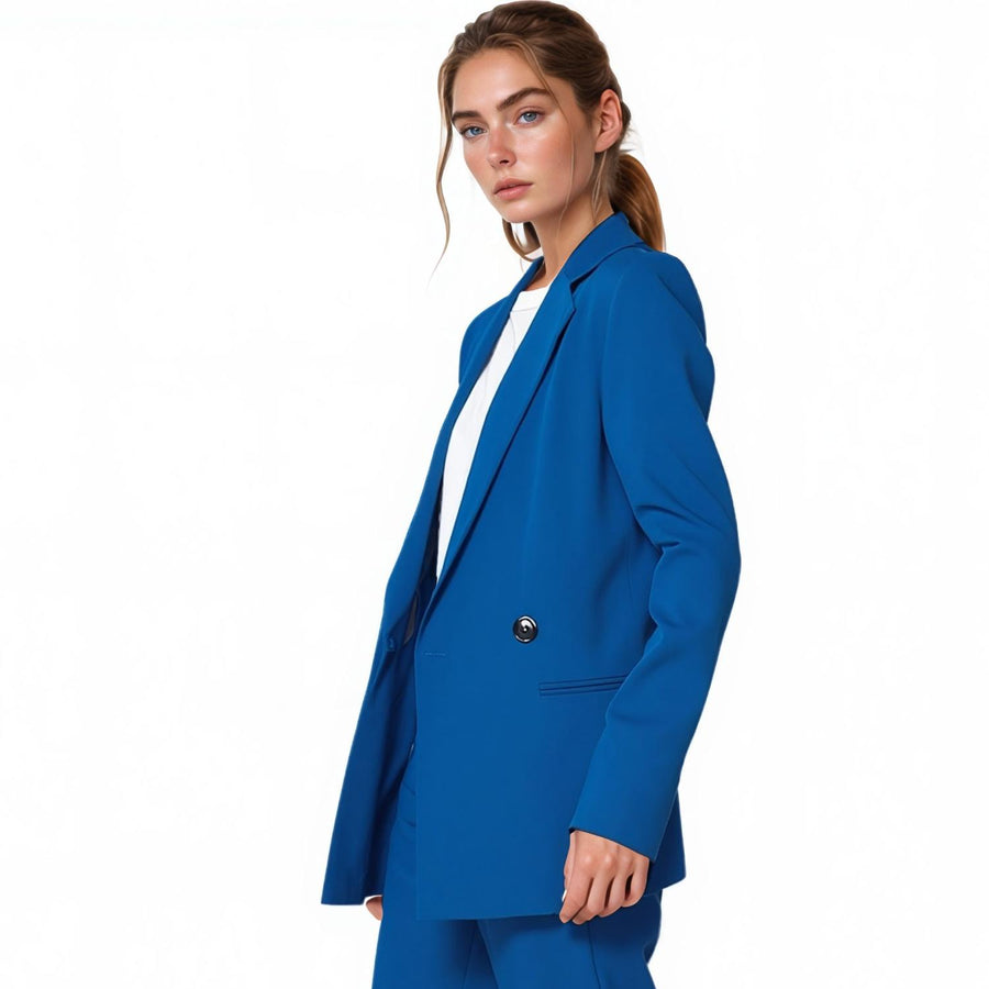 Pleione Women's Solid Couble Breast Blazer in Royal Blue