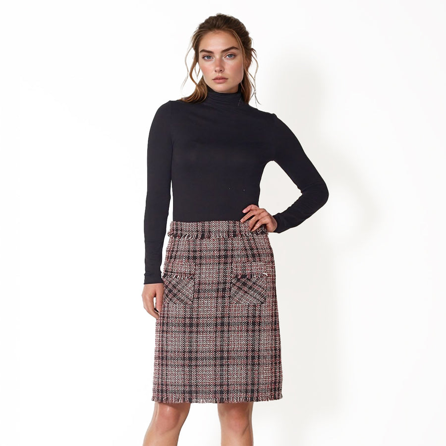 Pleione Women's Red Tweed High Rise Pencil Skirt in Red Black Tweed