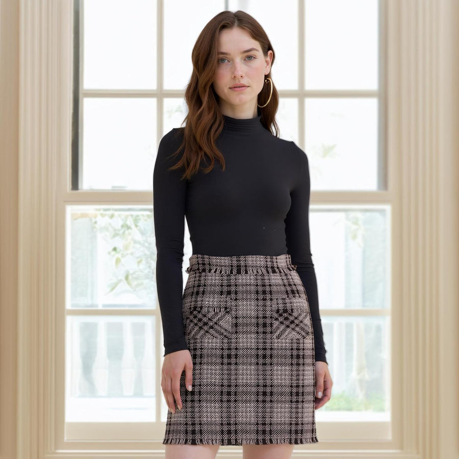 Pleione Women's Red Tweed High Rise Pencil Skirt in Red Black Tweed