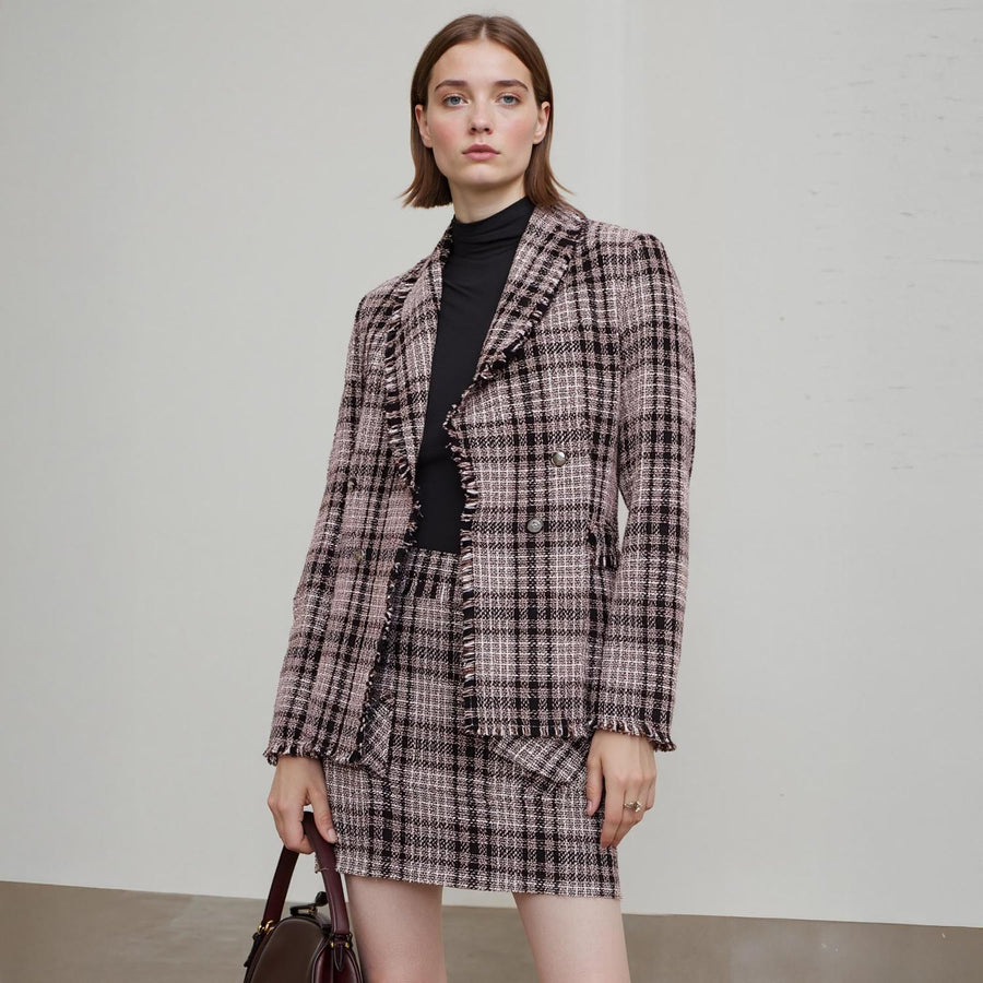 Pleione Fringe Hem Plaid Tweed Blazer in Red Black Tweed