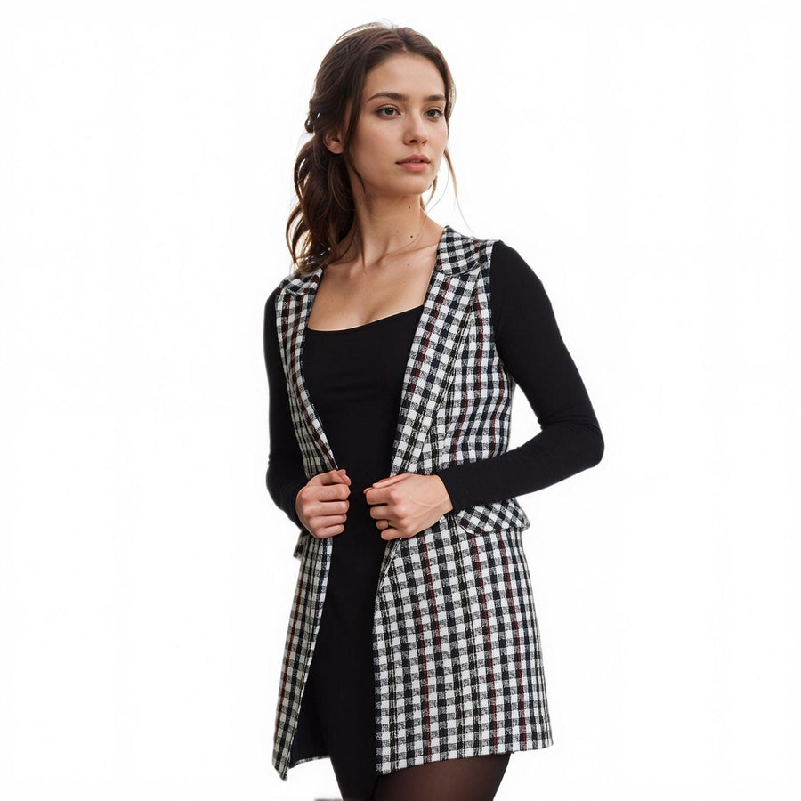 Pleione Women's Boucle Longline Vest in Black Plaid