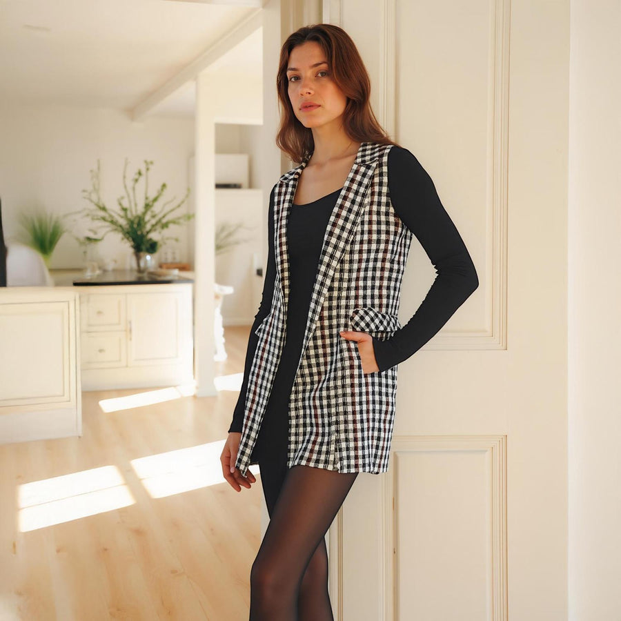 Pleione Women's Boucle Longline Vest in Black Plaid