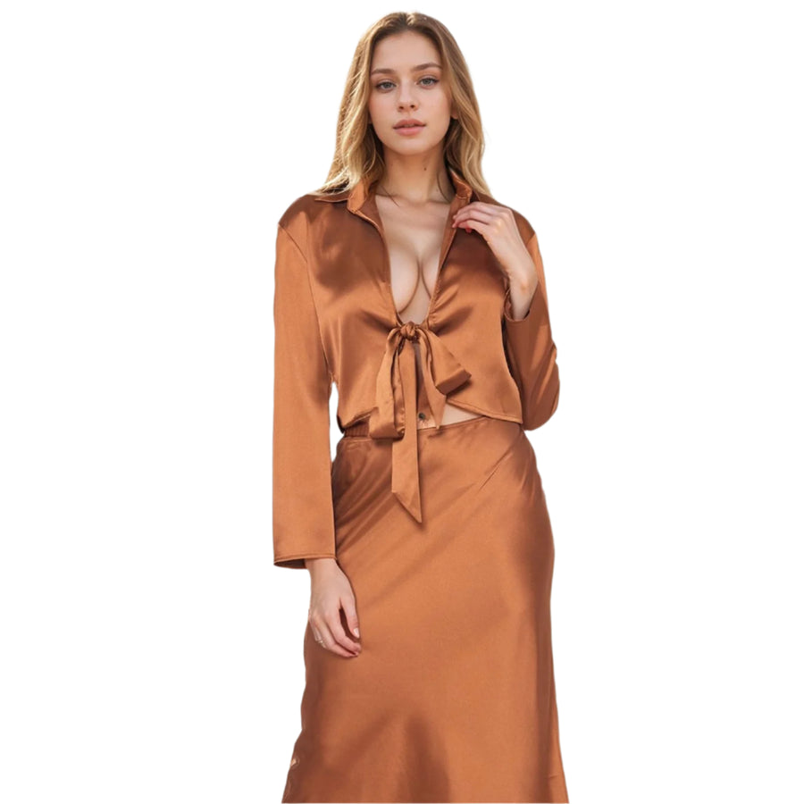 UPDATED - Pleione Women's Long Sleeve Collared Tie Front Shirt In Satin Brown