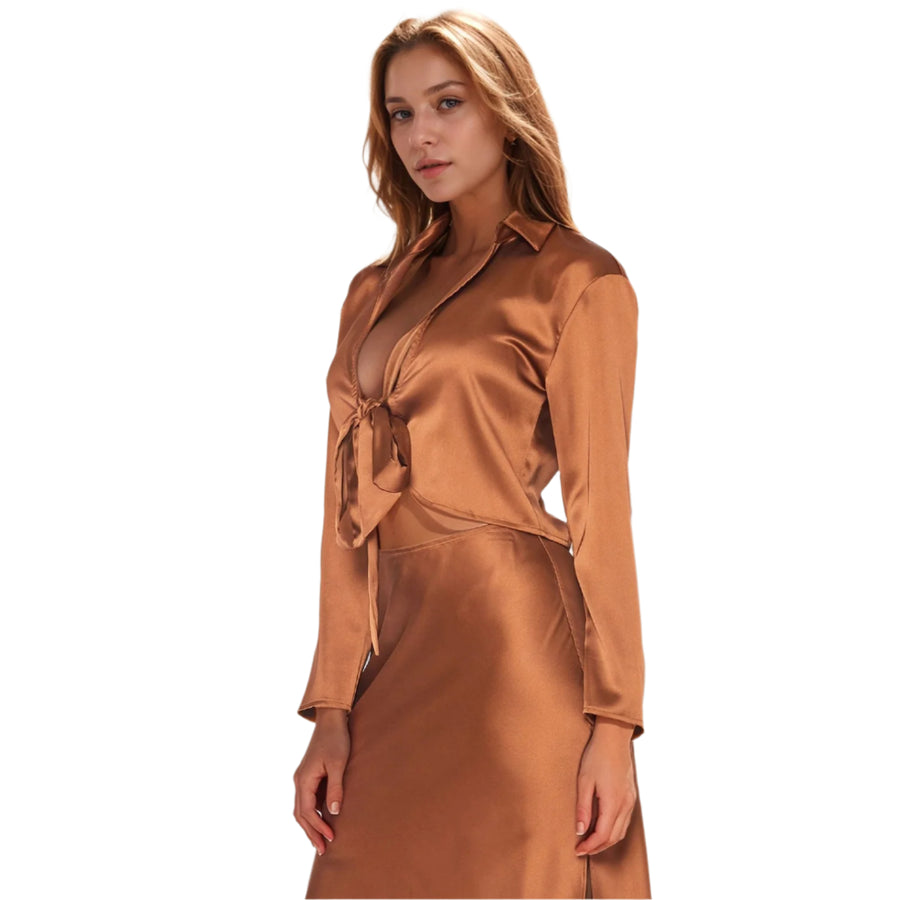 UPDATED - Pleione Women's Long Sleeve Collared Tie Front Shirt In Satin Brown