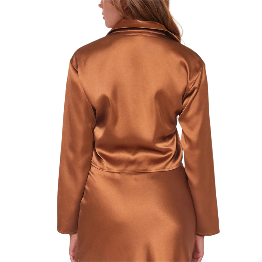 UPDATED - Pleione Women's Long Sleeve Collared Tie Front Shirt In Satin Brown