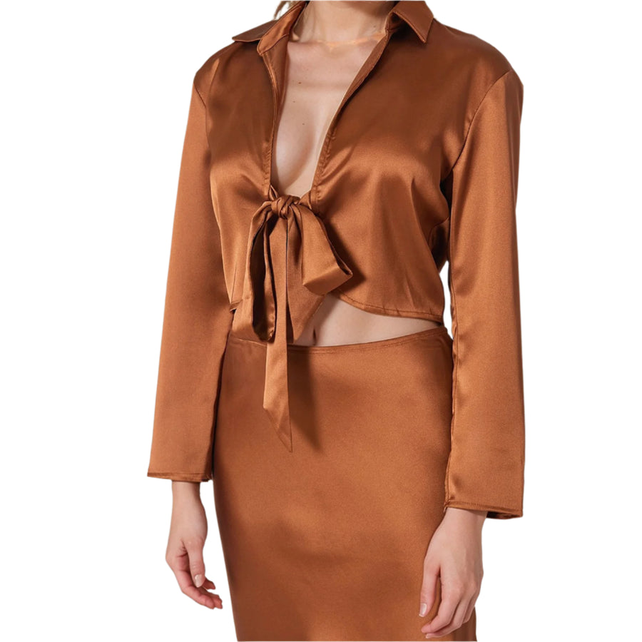 UPDATED - Pleione Women's Long Sleeve Collared Tie Front Shirt In Satin Brown