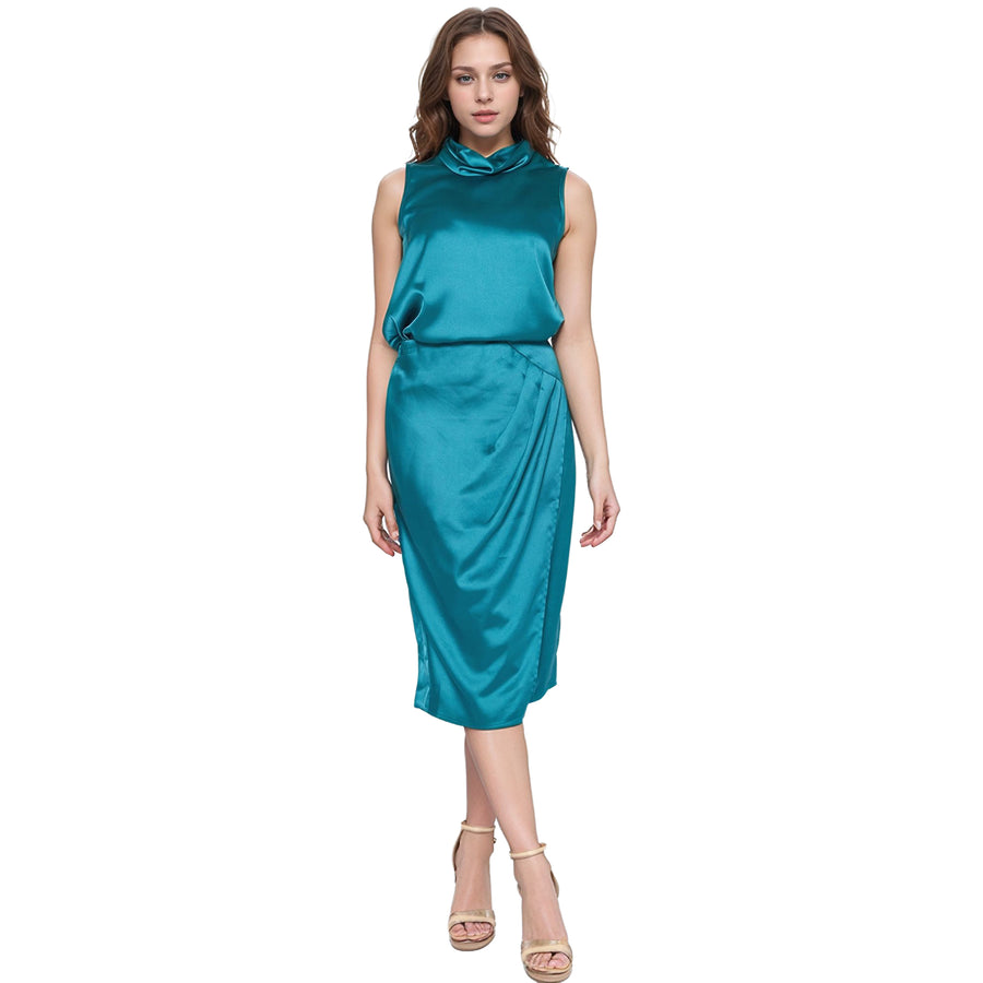 UPDATED - Pleione Women's Sleeveless Satin Folded Cowl Funnel Neck Top In Teal