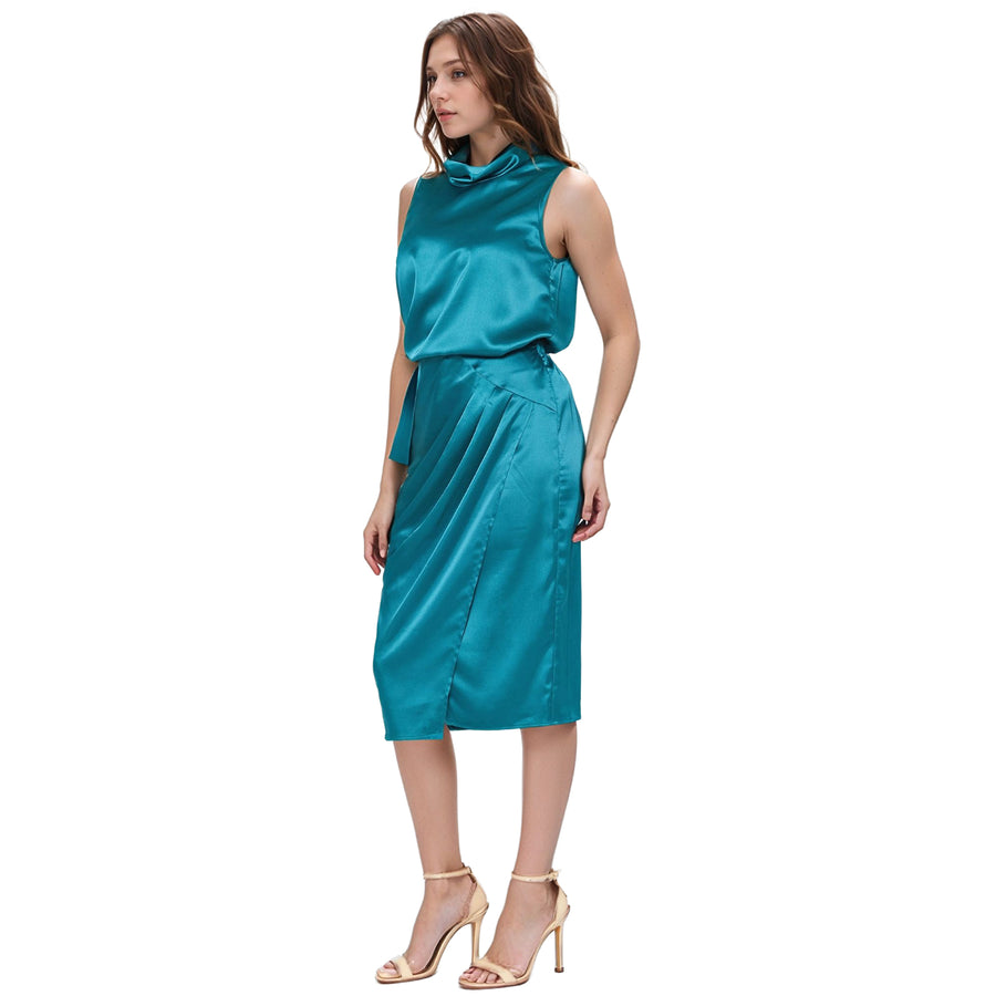 UPDATED - Pleione Women's Sleeveless Satin Folded Cowl Funnel Neck Top In Teal