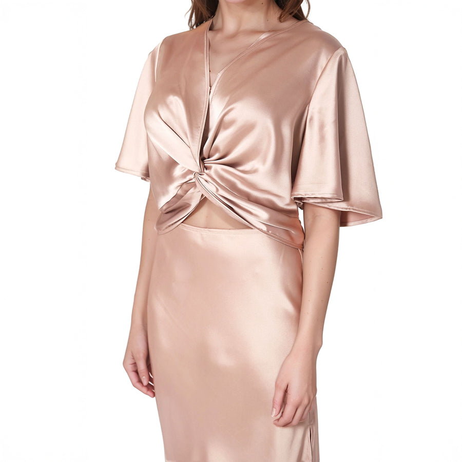 UPDATED - Pleione Women's Short Sleeve Twist Front Crop Top In Taupe