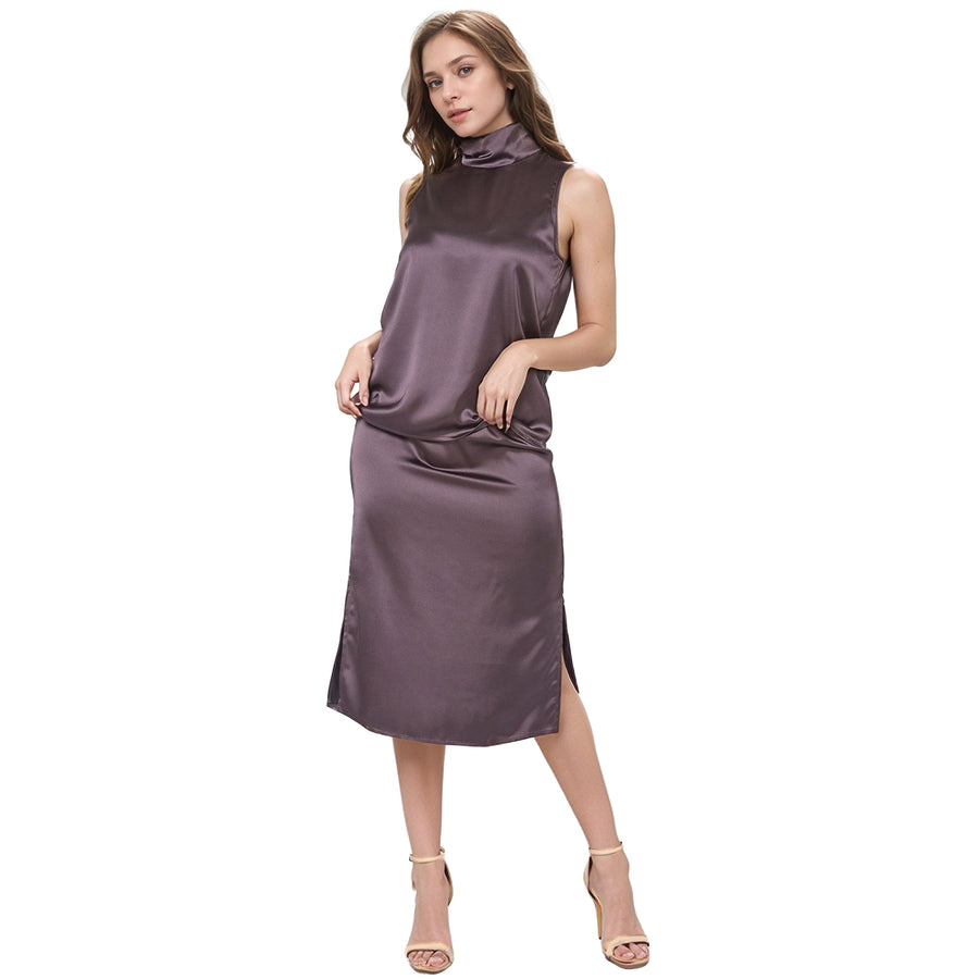 UPDATED - Pleione Women's Sleeveless Satin Scrunch Mock Neck Top In Dark Gray