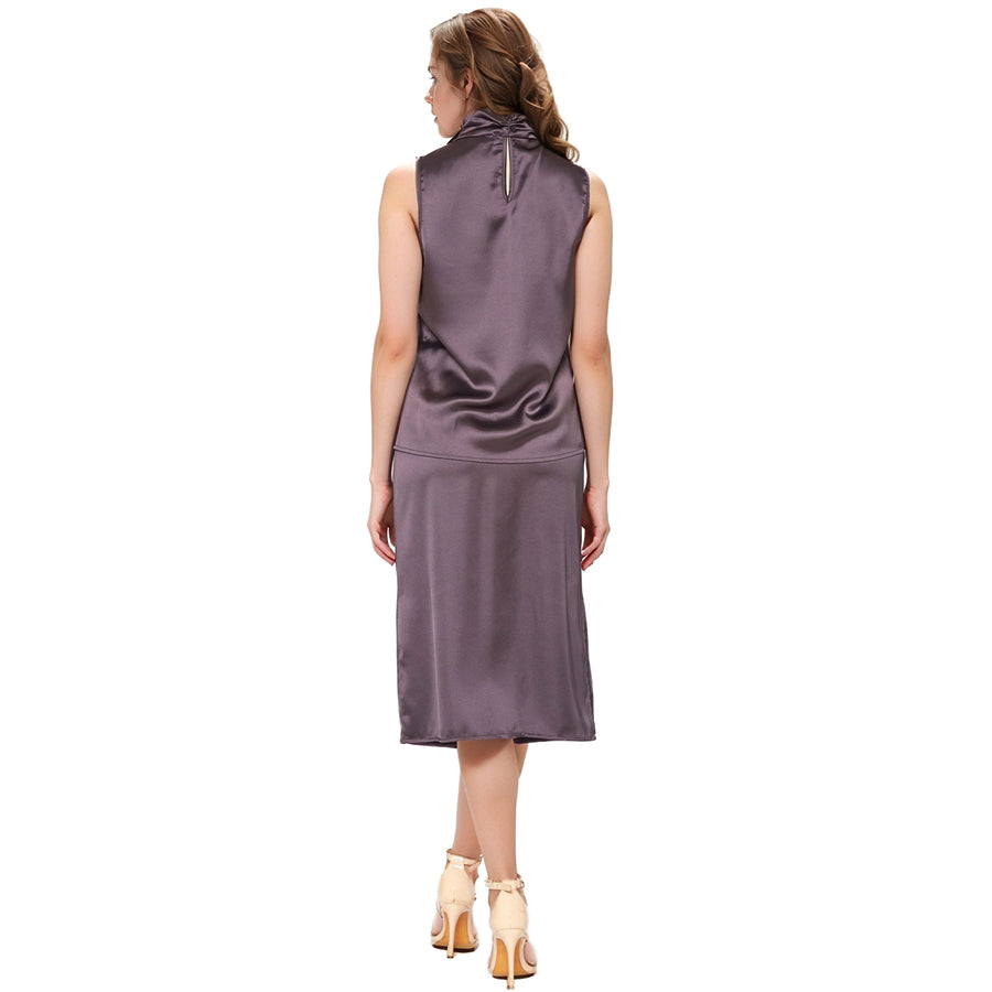 UPDATED - Pleione Women's Sleeveless Satin Scrunch Mock Neck Top In Dark Gray