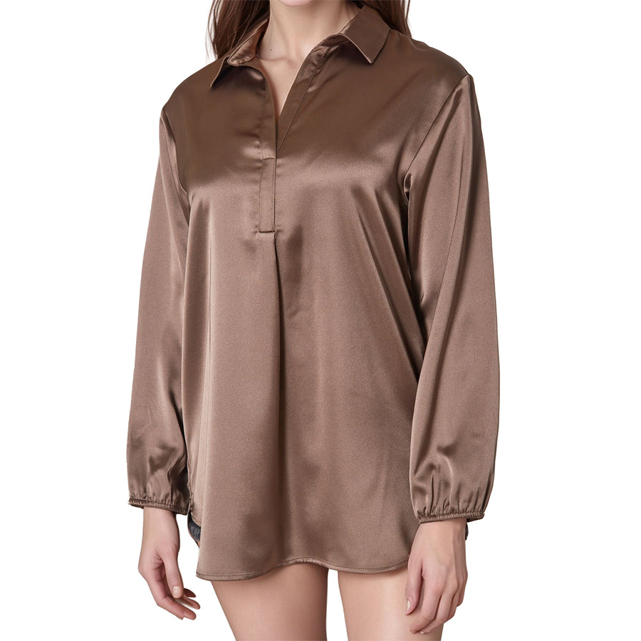 Pleione Women's Long Sleeve Collared Satin Tunic