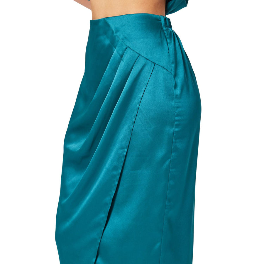 UPDATED - Pleione Women's Satin Wrap Front Midi Skirt With Pleats In Teal