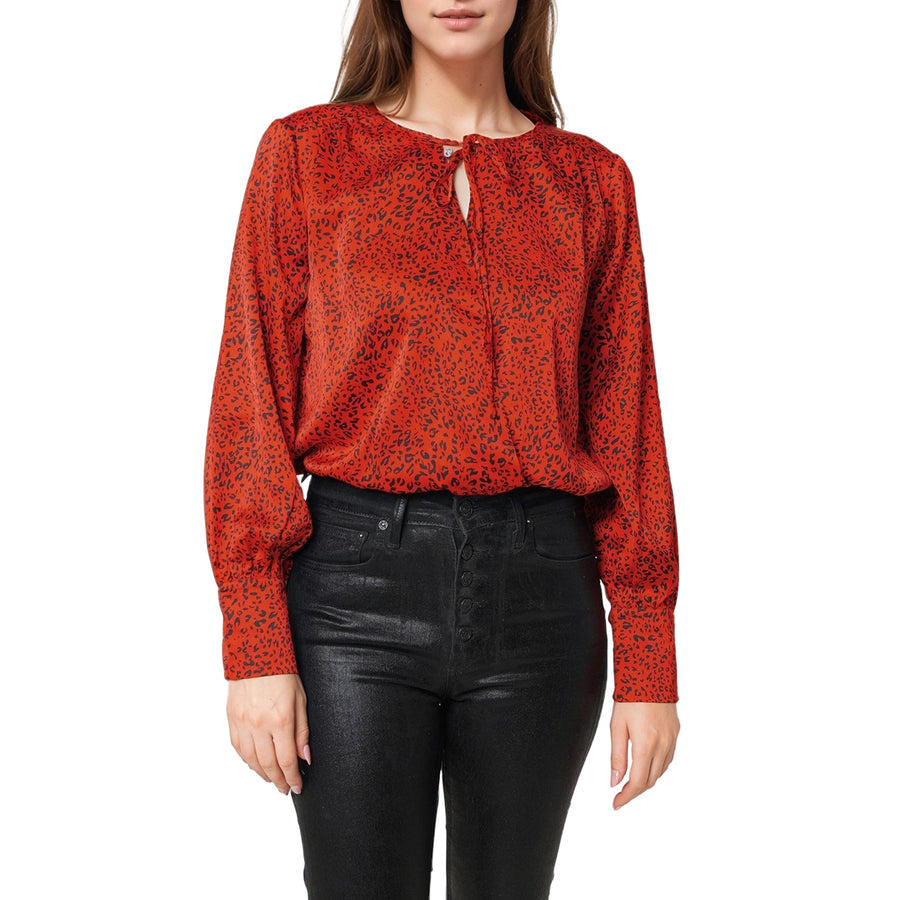 Women's Tie-neck Long Sleeve Bodysuit in Red Leopard