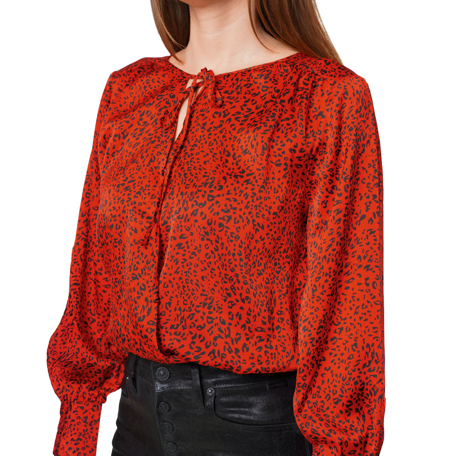 Women's Tie-neck Long Sleeve Bodysuit in Red Leopard