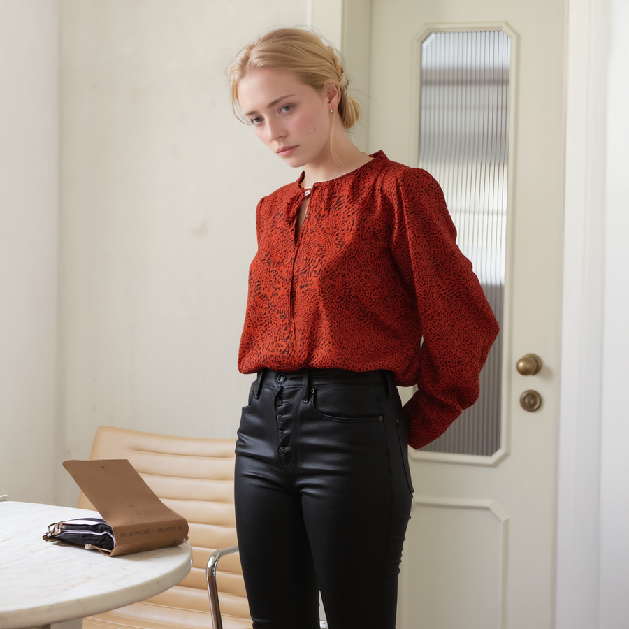 Women's Tie-neck Long Sleeve Bodysuit in Red Leopard