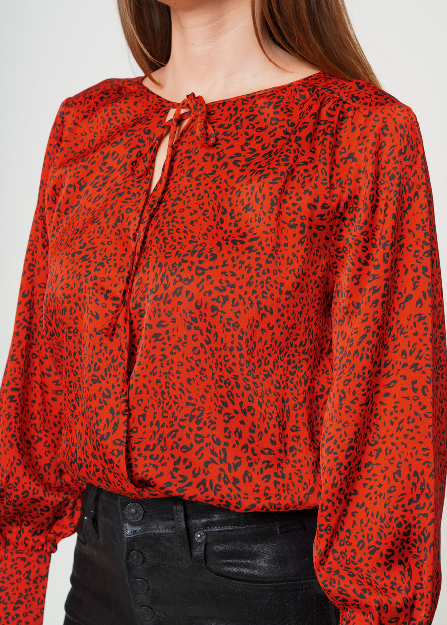 Women's Tie-neck Long Sleeve Bodysuit in Red Leopard