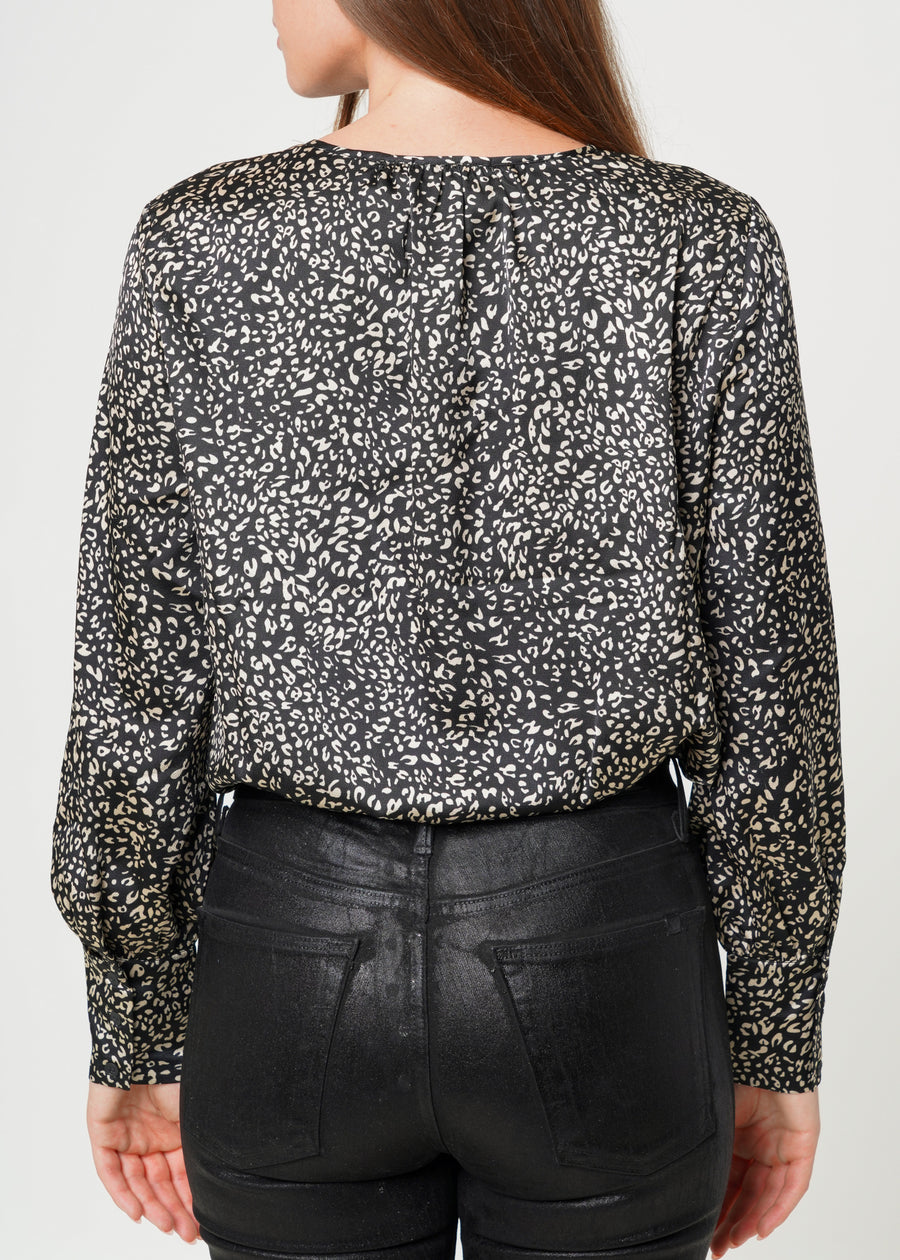 Women's Tie-neck Long Sleeve Bodysuit in Black Leopard