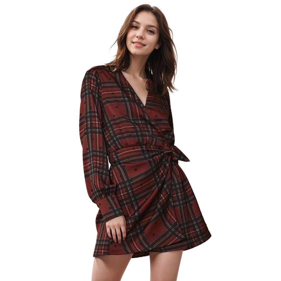 Women's Plaid-polkadot Mini Wrap Dress in Brick