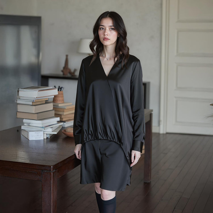 Pleione Women's Charmuese Contrast Cross Front Blouse in Black - shopatkonus