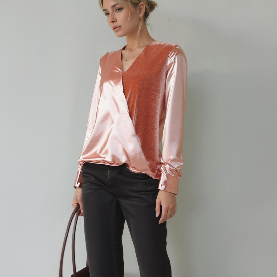 Pleione Women's Charmuese Contrast Cross Front Blouse in Mauve - shopatkonus