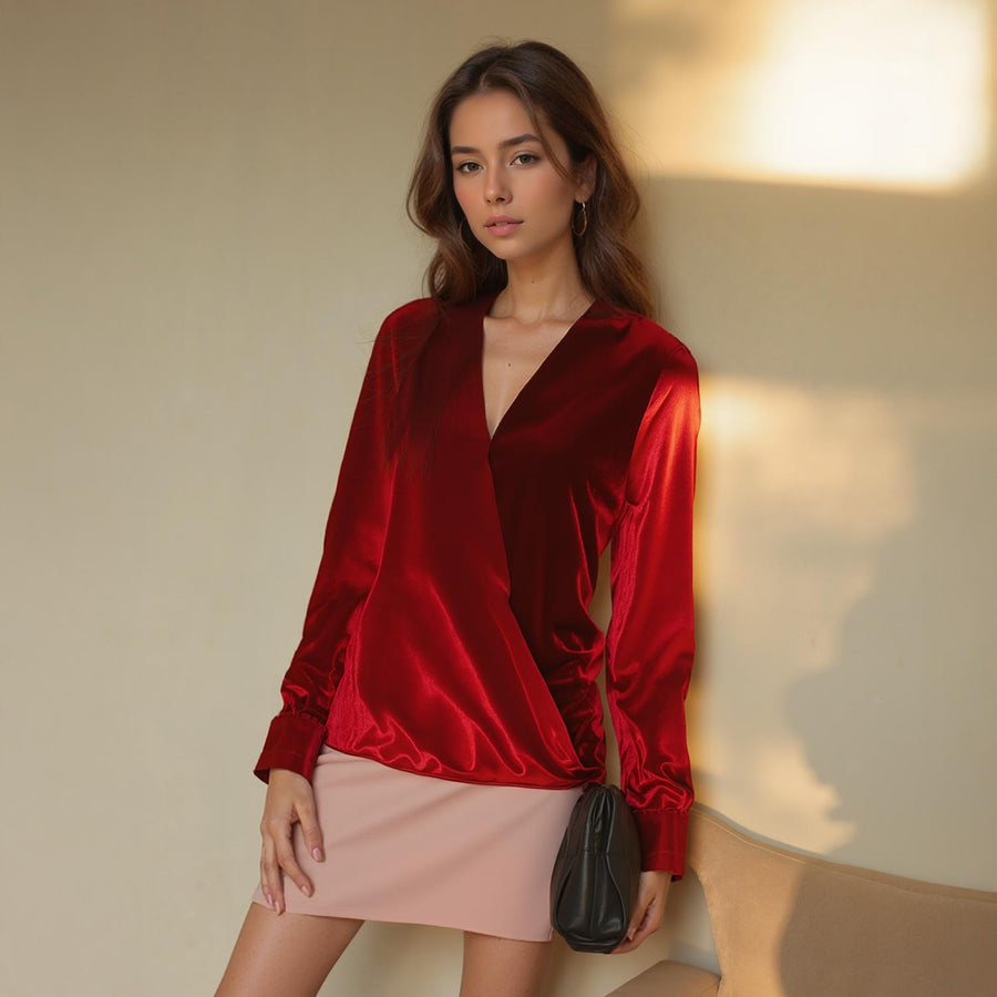 Pleione Women's Charmuese Contrast Cross Front Blouse in Red - shopatkonus