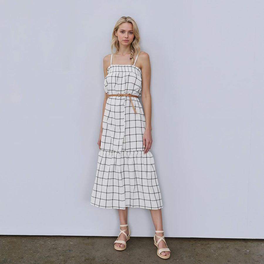 Pleione Women's Grid Print Smocked Maxi Dress In Ivory - shopatkonus