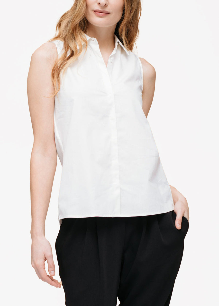 Camisa básica de mujer en popelín sin mangas en blanco