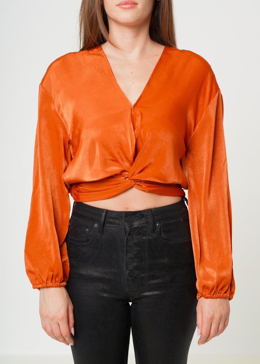 Women's Twist Front Cropped Washed Satin Top