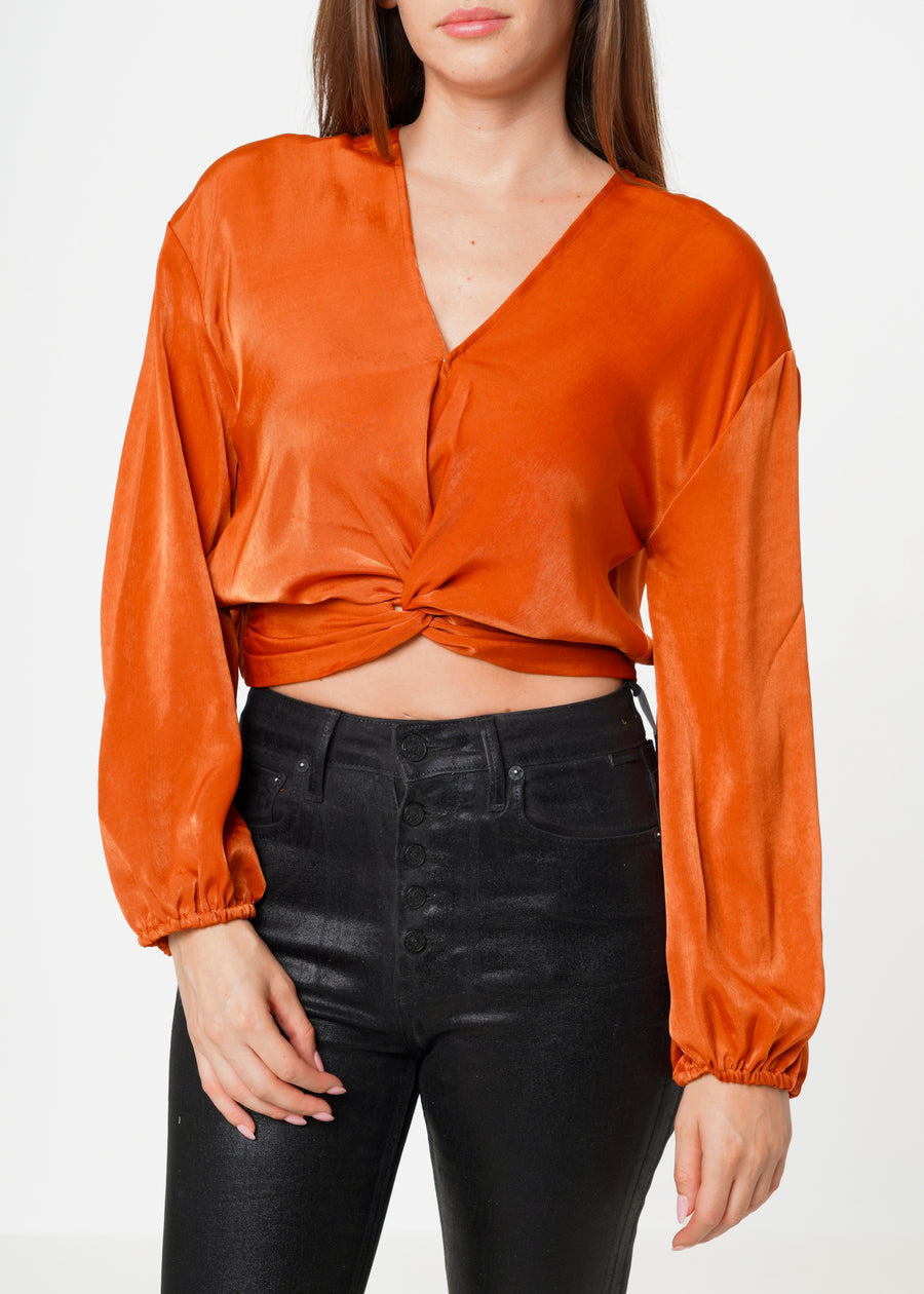 Women's Twist Front Cropped Washed Satin Top