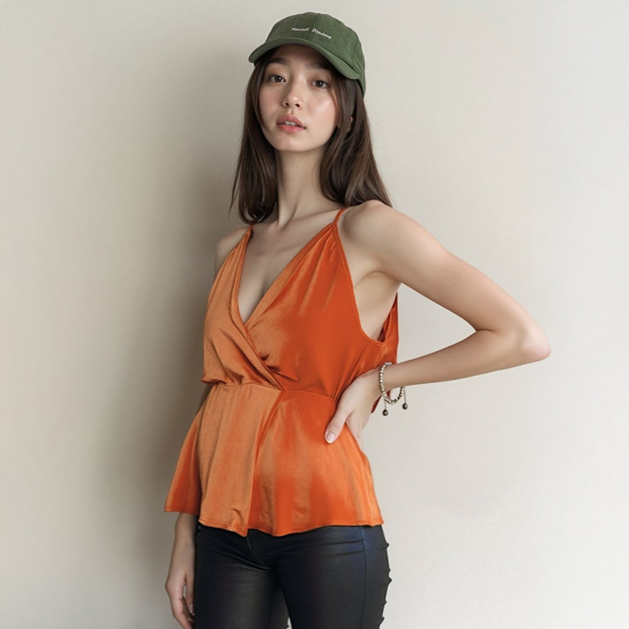 Women's Wrap Front Washed Satin Camisole In Pumpkin