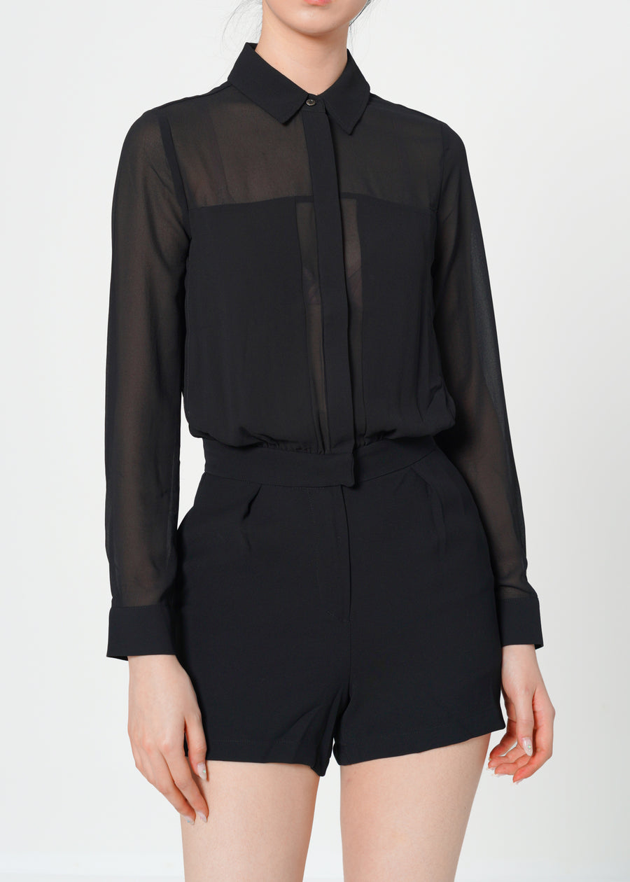 Women's Pleated Button Up Romper In Black