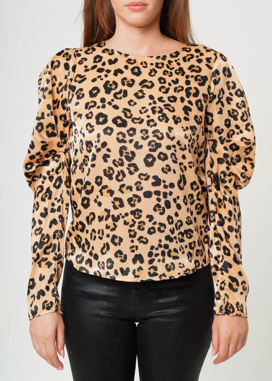 Leopard Print Puffy Shoulder Top in Brown leopard