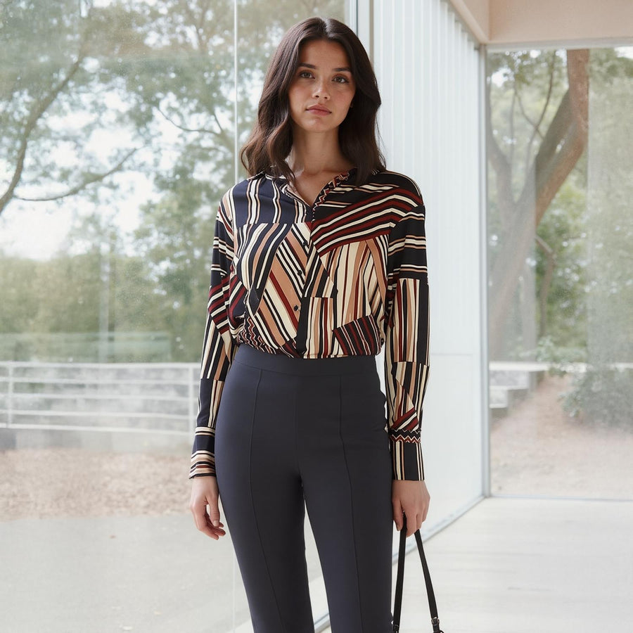 Pleione Women's Multi Stripe Button Up Blouse